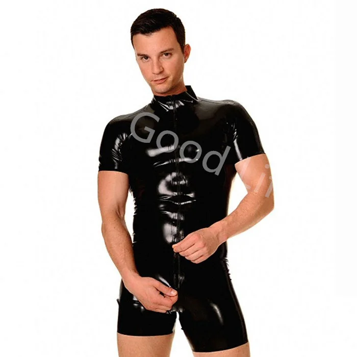 Sexy Black One-Pieces Mens Latex T-shirt Latex Shorts with Front Zip