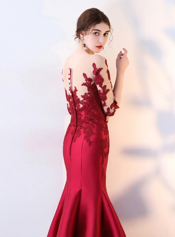 Vestido De noche largo De sirena con cuello De ilusión, rojo vino, encaje, para graduación, abiye, gece, elbisesi, 2020