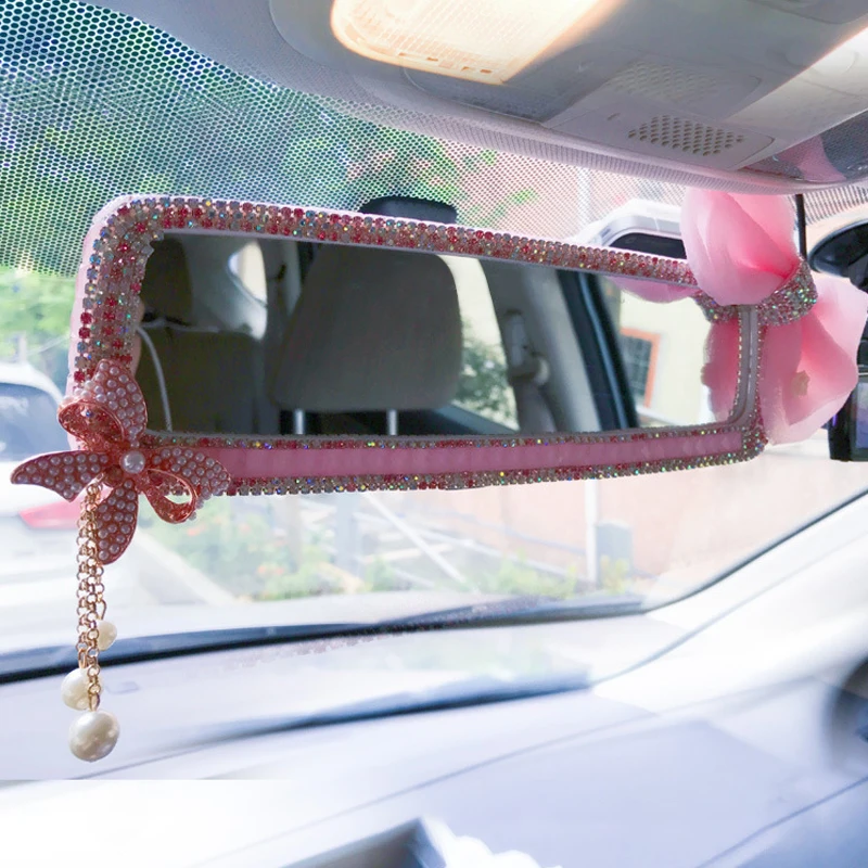 Pink Rhinestone Car Interior Rearview Mirror Cute Butterfly Wind Chimes Ornament Decorative Cover Rear Mirror Accessories Women