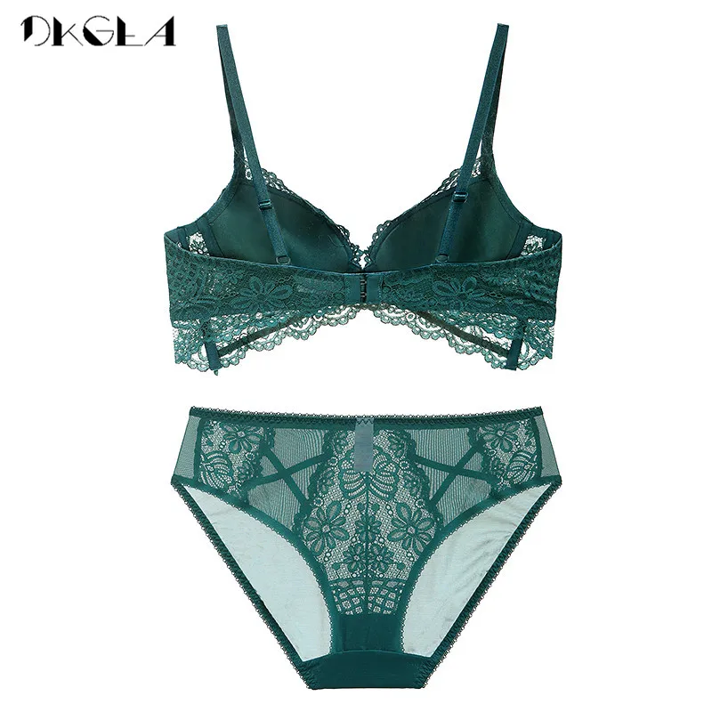 2020 New Thick Cotton Brassiere Embroidery Green Bra Set Push Up C D Cup Underwear Set Sexy Bras  Women Lace Lingerie Sets Black