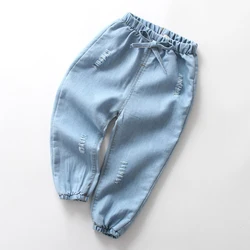 Pantalones largos finos informales para niños y niñas, Jeans de Color sólido a la moda con bordado de dibujos animados, ropa vaquera de 1 a 6 años, Verano