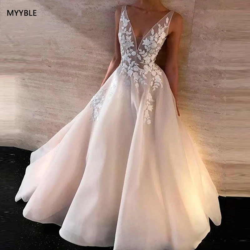 MYYBLE-vestido de novia de corte en A, traje de Organza sin mangas con cuello en V, espalda abierta, talla grande