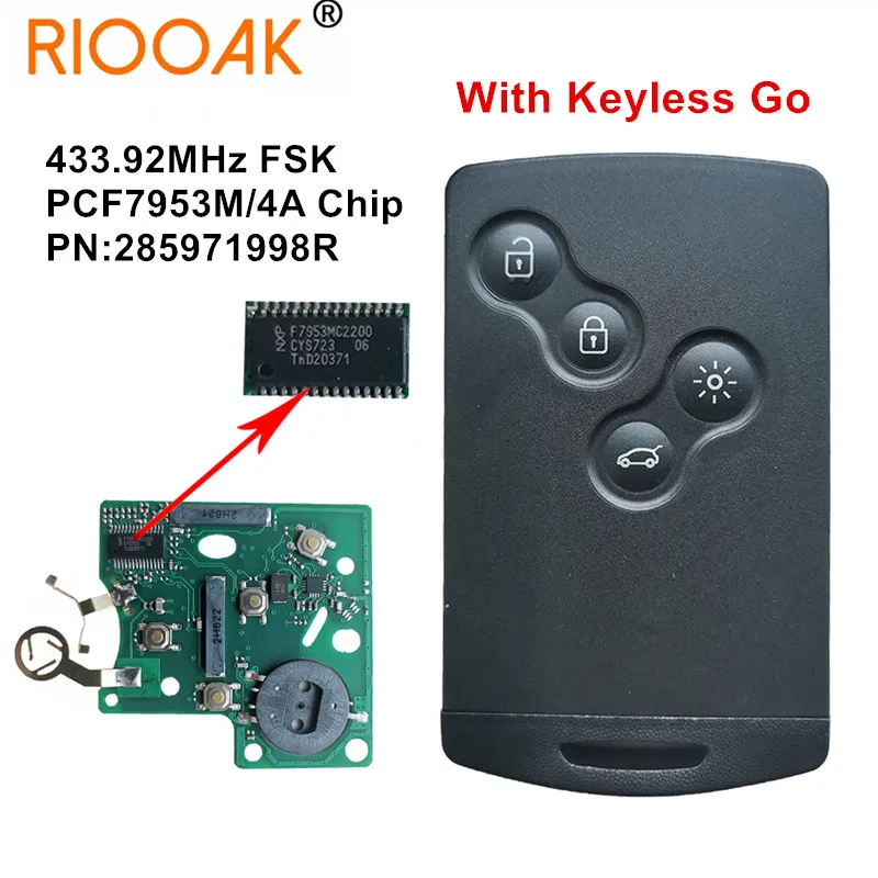 

Keyless Smart Key PCF7953M 4A Chip 433mhz 285971998R For 2009 2010 2011 2012 2013 2014 2015 2017 Renault Clio IV with logo