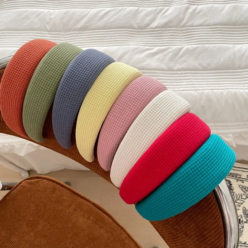 2021 neue Mode Mädchen Bunte Waffel Plaid Haarband Stricken Baumwolle Breite Plain Flache Stirnband Non-slip Comfy Haar Hoop lünette