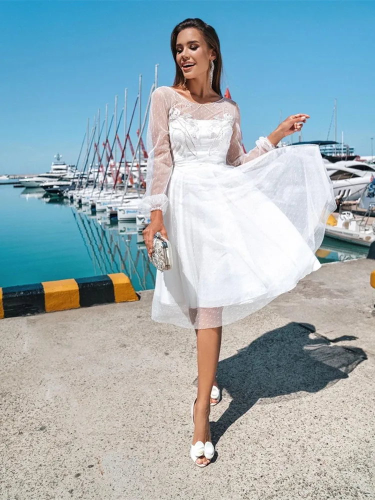 Vestido de casamento de mangas compridas feminino, elegante vestido de tule, pescoço no barco, robe feminino, personalizado, vestido de noiva, sem costas, 2021