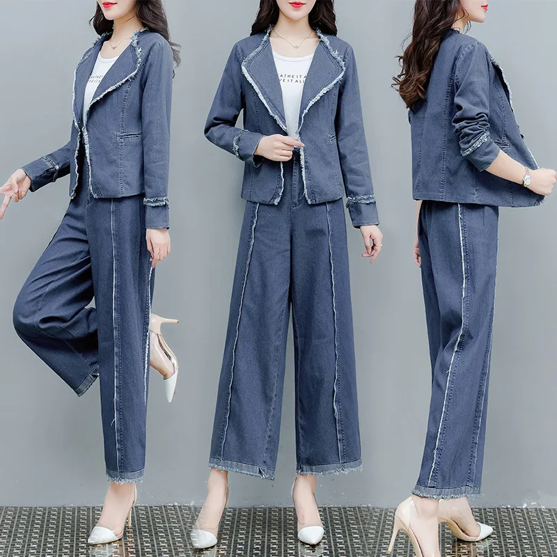 

Denim suit women's new spring and autumn fashion temperament Korean foreign style was thin wide leg pants 2 piece set women