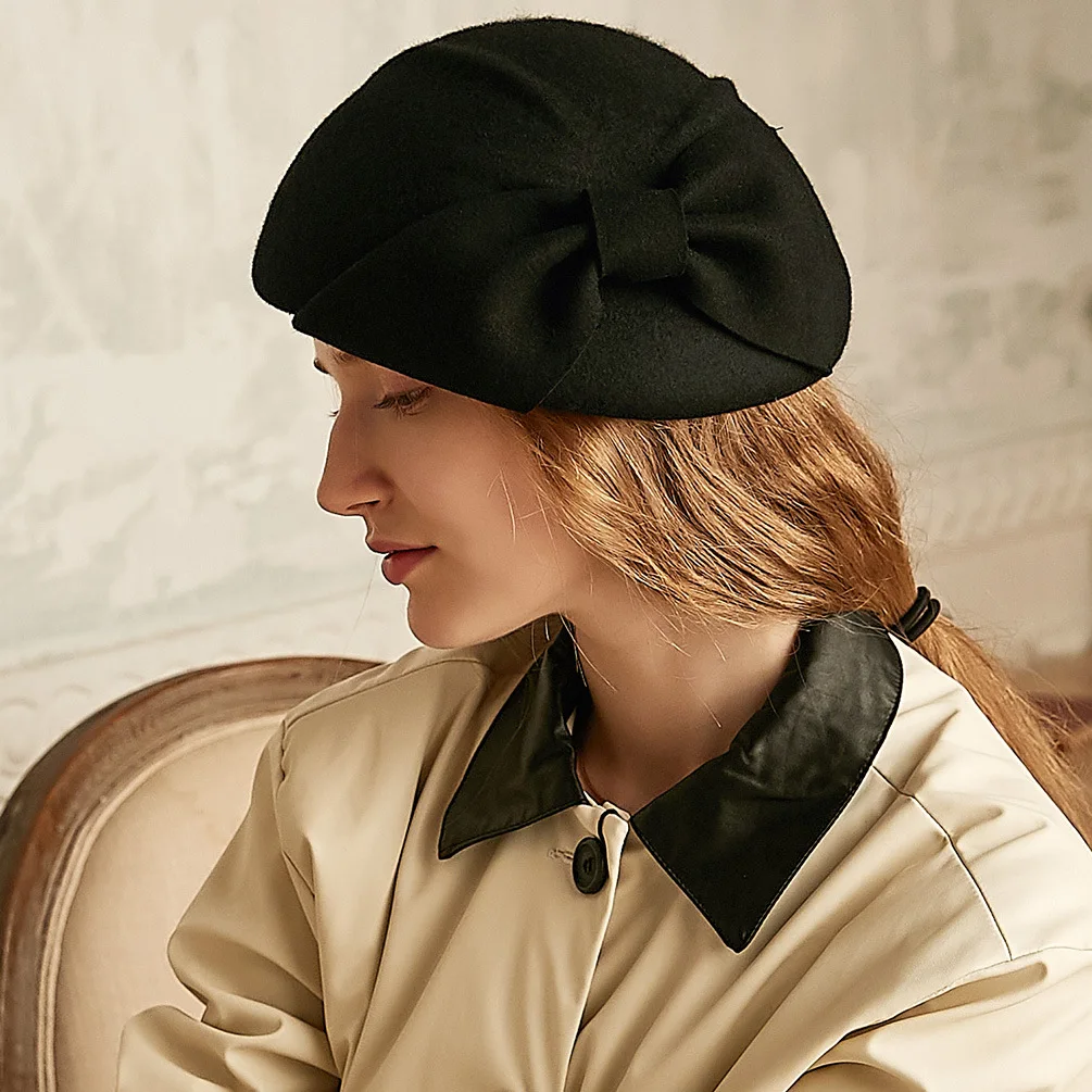 X4033 Stewardess Hat Female Wool Felt Hat Adult Woolen Beret Caps Retro British Fascinators Adult Basin Caps