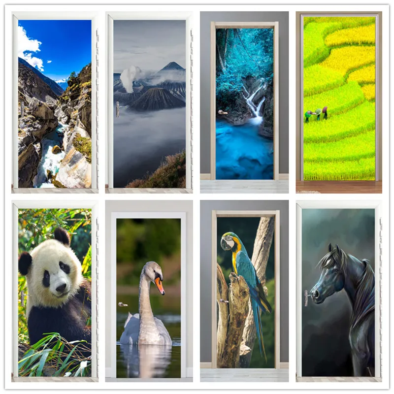 

Самоклеящаяся наклейка на дверь с изображением пейзажа животного, домашнее украшение, дверная крышка, настенные наклейки, настенный постер, обои