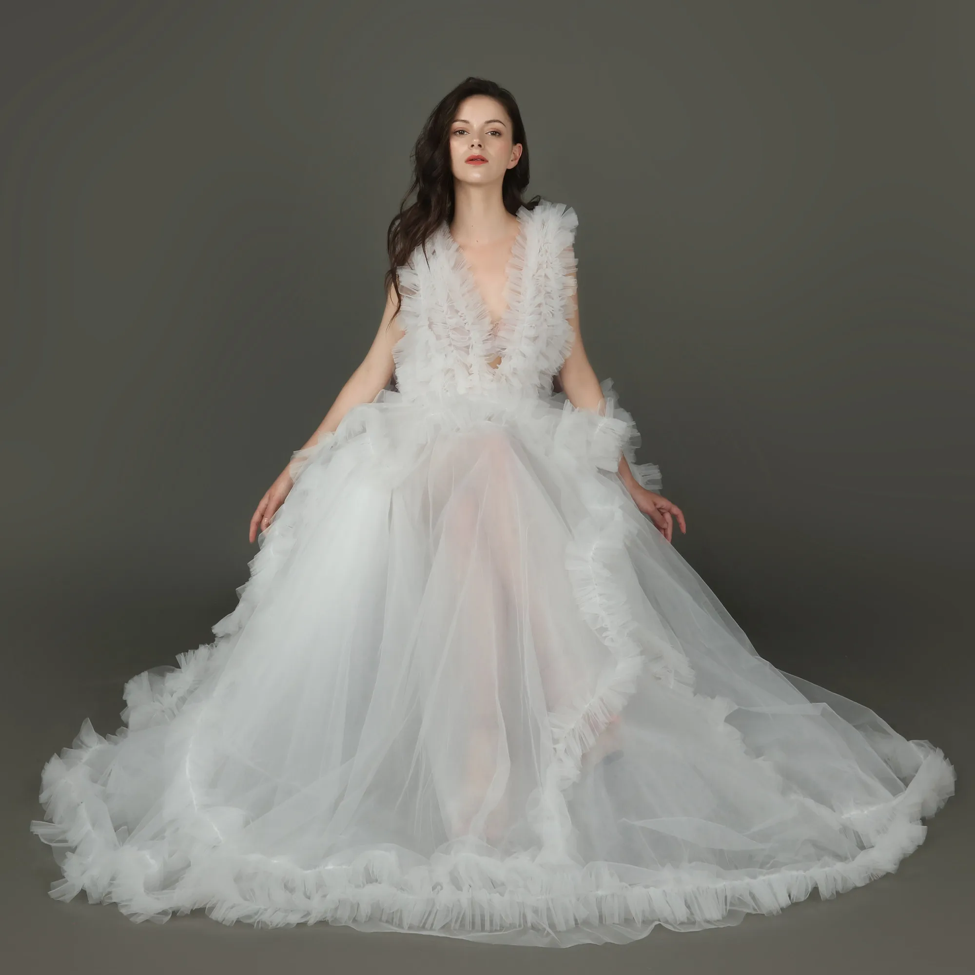 Abiti da sera lunghi ed eleganti in pizzo 2021 abiti premaman in Tulle Champagne con scollo a v per servizio fotografico Robe abiti formali da donna incinta