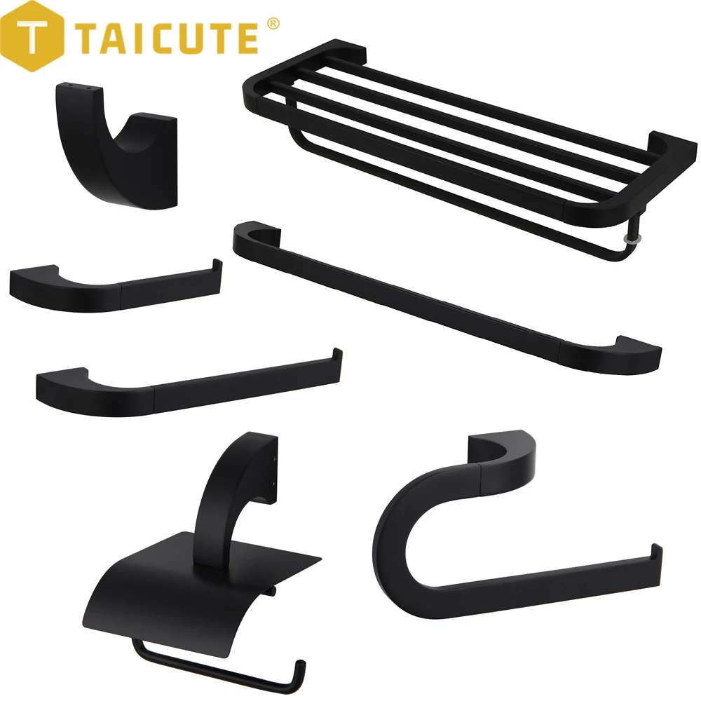 TAICUTE W Bathroom Accessories Set Towel Rack Shelf Bar Ring Wall Mount Toilet Paper Holder Wall Hook Shower Hardware Black