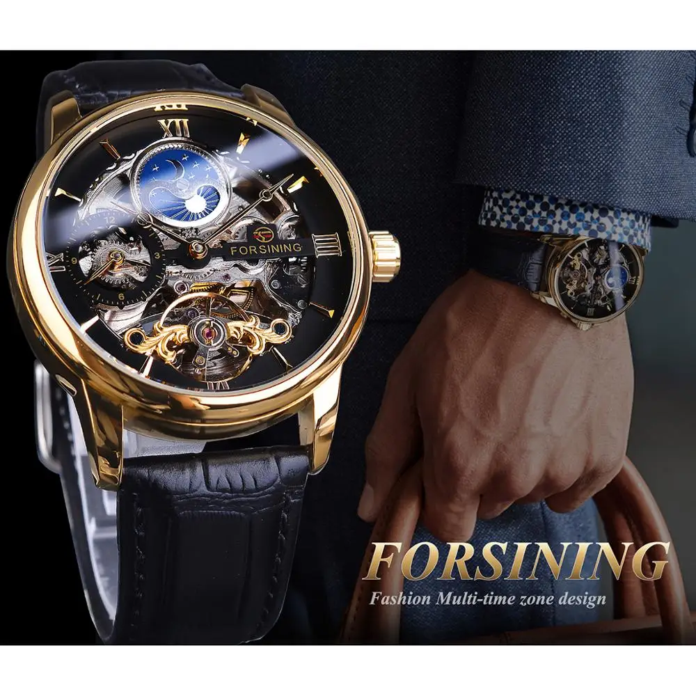 Forsining Skeleton Dial Dual Time Zone Mechanical Watch Black Gold Leather Band Moon Phase Tourbillon Waterproof Automatic Watch