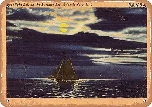 Metal Sign - New Jersey Postcard - Moonlight sail on The Summer sea, Atlantic City, N. J. - Vintage Rusty Look Wall Decor for C