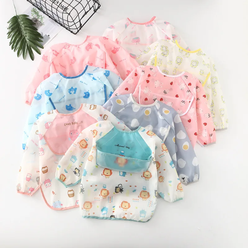 Baby Girls Boy Bib Waterproof Apron Long Sleeve Cartoon Kids Feeding Apron Pocket Bibs Overall Infant Art Smock Garments