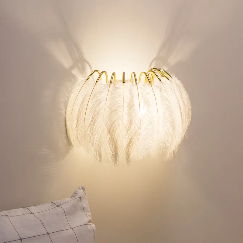 

Nordic Feather Wall Lamp Modern Living Bedroom Girl Room Lighting Romantic Sconce Art Creative Luxury Gray Indoor Decor Light