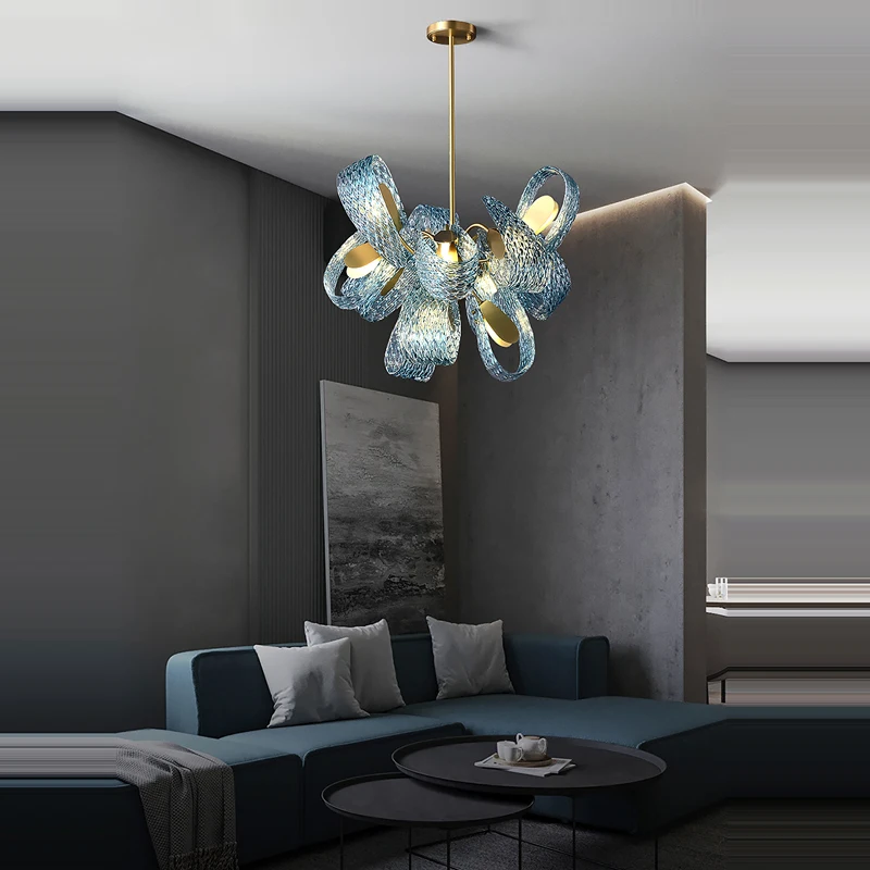 

Blue Beauty Glass Copper LED Designer Hanging Lamps Lustre Chandelier Lighting Suspension Luminaire Lampen For Foyer