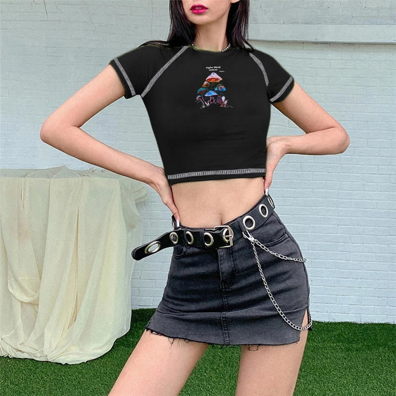 Y2k Gothic Sexy Short Sleeve Top Women Colorful Mushroom Print 90s Black Retro Street Style Fashion Casual kawaii top tees goth