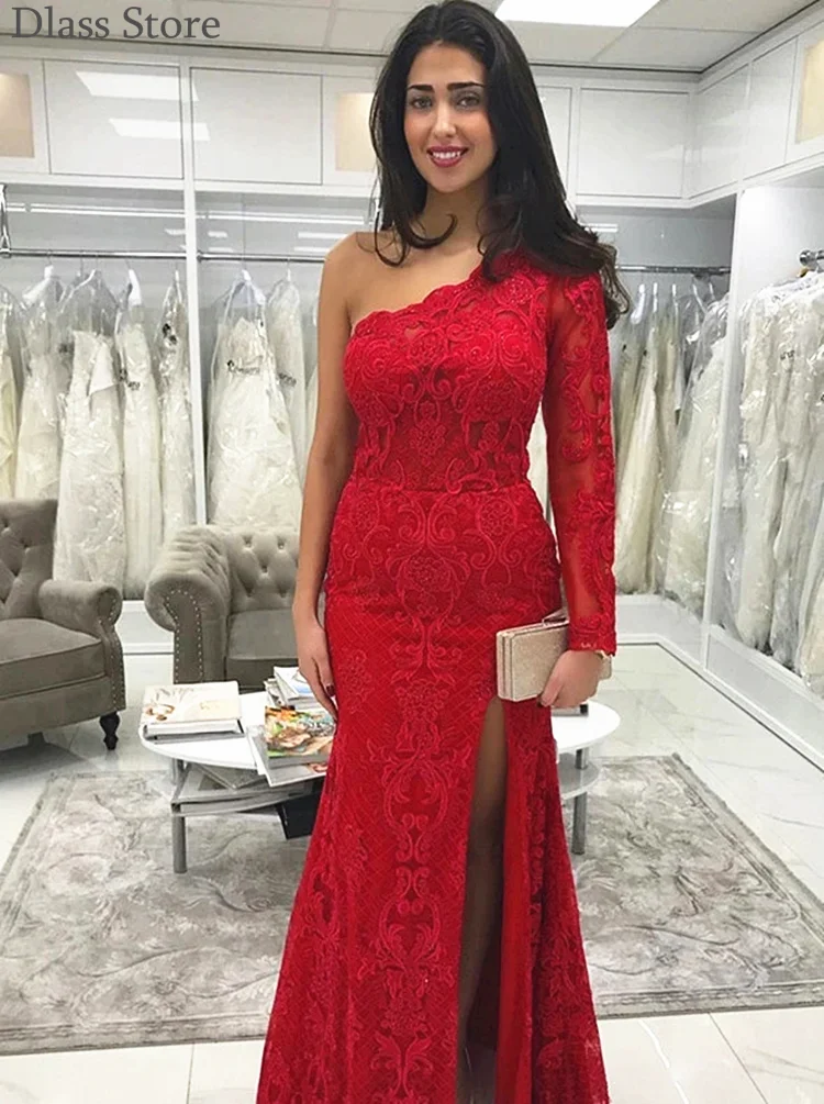 Anggur Yang Elegan Merah Renda Mermaid Prom Gaun Formal Pesta Satu Bahu Panjang Lantai 2021 Split Gaun Malam Вечерние Платья