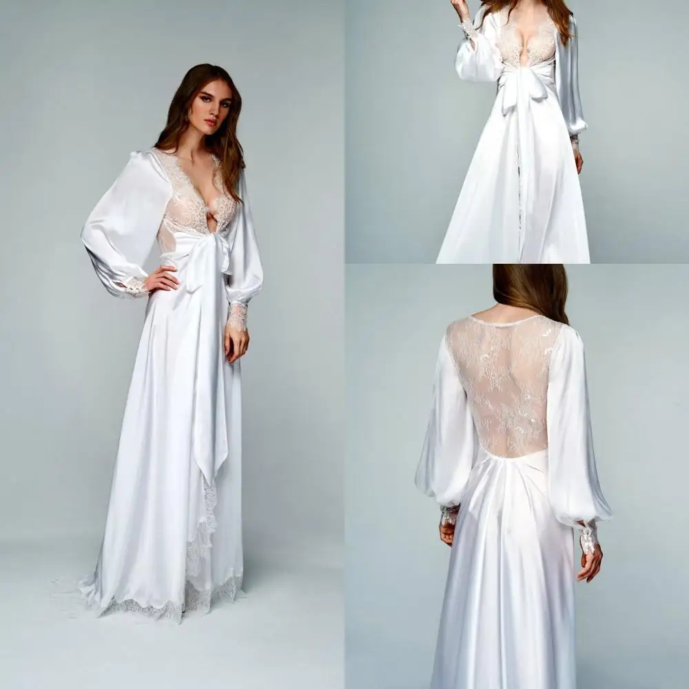 2020 Long Sleeve Night Robe Illusion Lace Back Soft Silk Satin Sleepwear Dress Custom Made Floor Length Nightgowns Robes Cheap