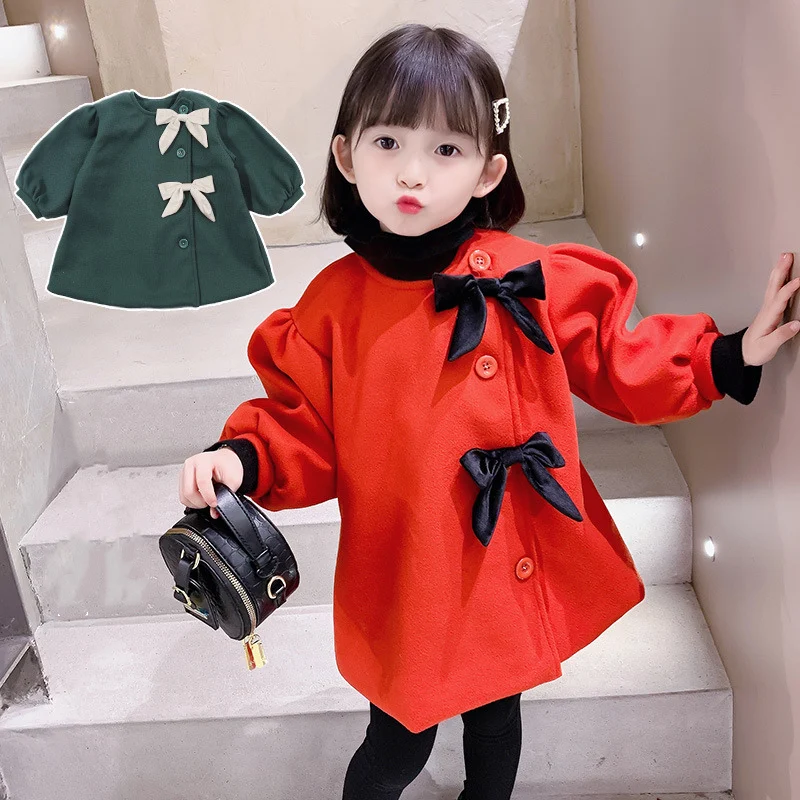 Mädchen Woolen Mantel Jacke Baumwolle Mantel 2021 Bogen Warme Verdicken Plus Samt Winter Herbst Teenager Schule kinder Kleidung