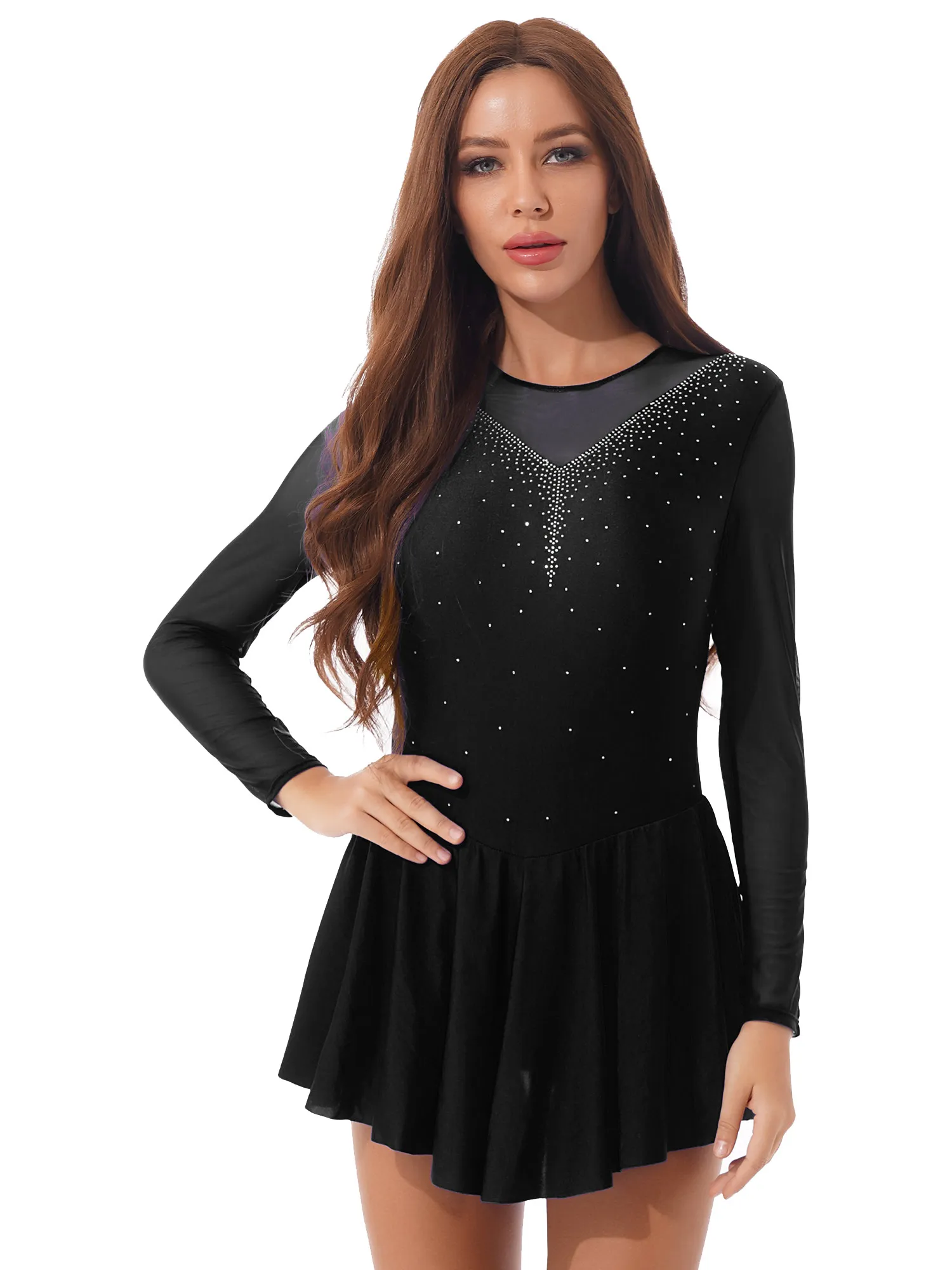 Abito da pattinaggio su ghiaccio da donna vestito Tutu da ballo con strass lucido abito a maniche lunghe in rete body lirico Dancewear