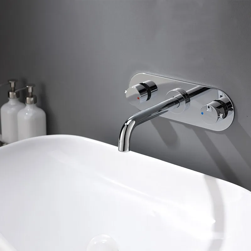 Luxury chrome brass bathroom sink faucet wall mounted basin cold hot water mixer tap two Handle three holes faucet