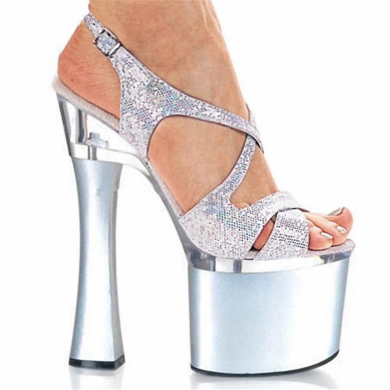 Plus:34-44 Summer Fashion Transparent Ankle Strap CD Sandals Female 18cm Thick Heel Platform High-heeled Shoes Woman Dress Pumps