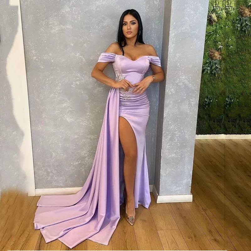 

Simple Satin Off The Shoulder Long Mermaid Evening Dress 2022 High Side Split Prom Dresses Lace Appliques Celebrity Dresses