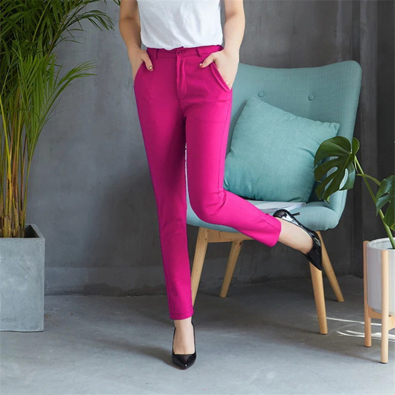 Fashion Streetwear Cute Candy Color Pencil Pants Women Stretch Cotton Slim Waist Straight Pantalones Casual Office Work Trousers