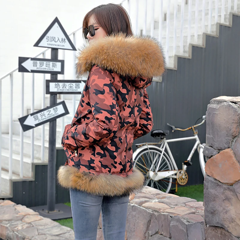 Down jacket thick winter camouflage jacket jacket hooded raccoon fur collar European beauty