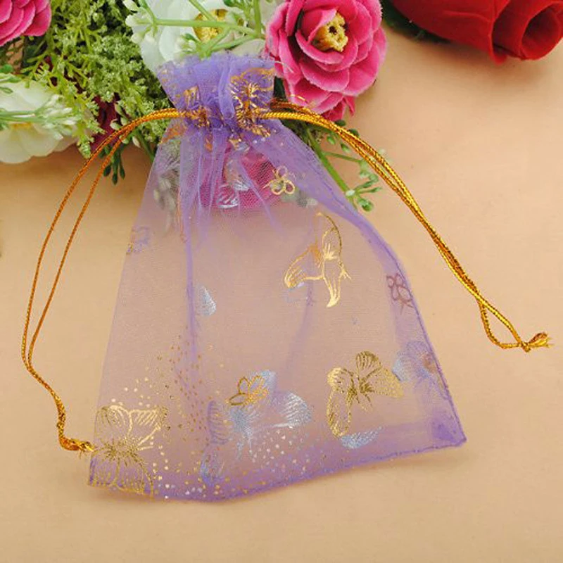 100pcs/lot 10x12cm Drawstring Bags Purple Butterfly Wedding Candy Jewelry Packing Drawable Organza Bags Party Gift Bags Pouches