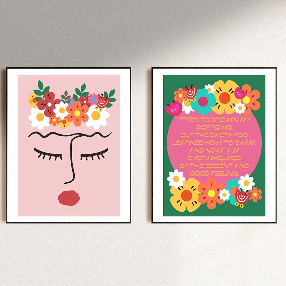 Cartoon Mexican Artist Woman Line Face Painting on Canvas Print Poster Abstract Art Wall Lady Picture For Living Room Home Decor