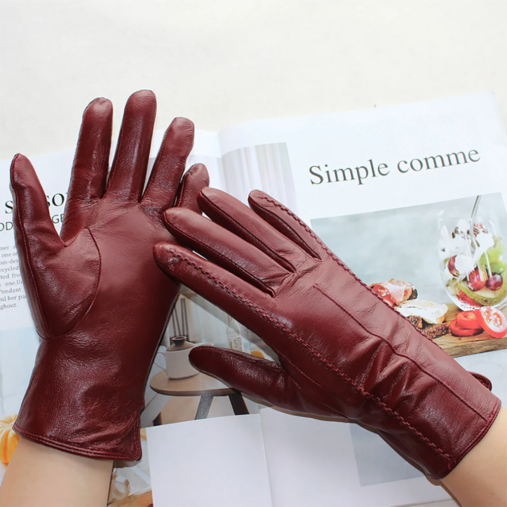 New Women Color Leather Gloves Striped Style Velvet Lining Autumn And Winter Warm High Quality Sheepskin Gloves