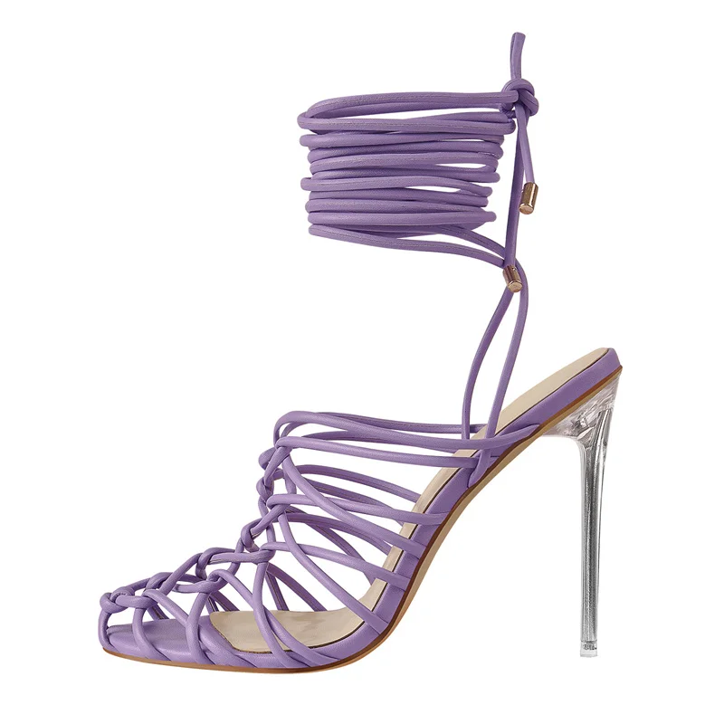 Onlymaker Band Summer Lace-Up Stiletto High Heel Ankle Strap Knotted Matte Purple Narrow Elegant Fashion Big Size Sandals