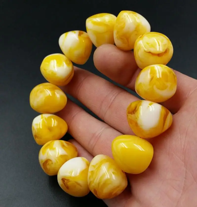 

Amber Yellow Beeswax Old Honey Wax Amber Bracelet Round /barrel Bead Hand Row for Men Hand Bangle Suitable 15-20 -25cm