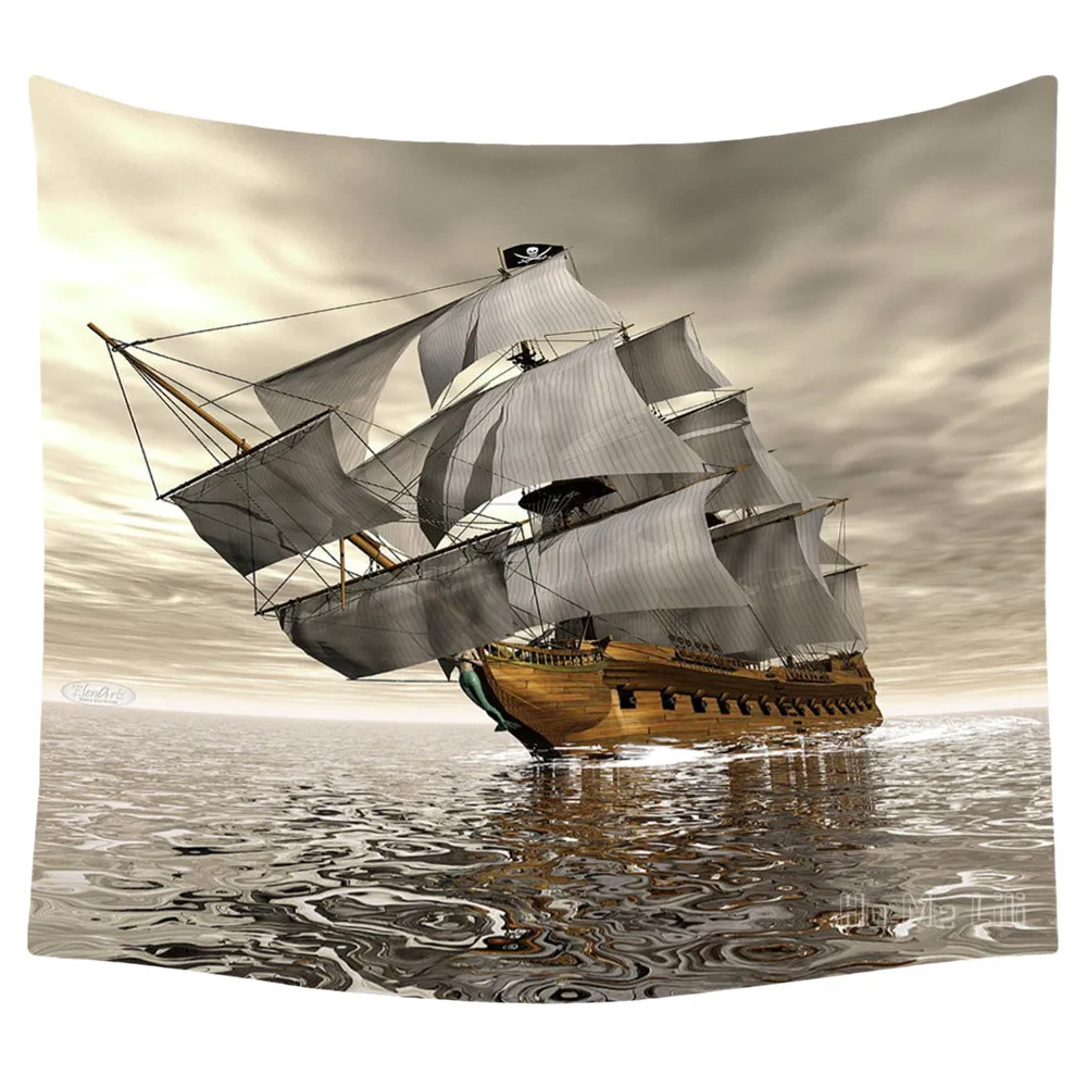 Pirate Flying Ship Sea Sunset Skull And Crossbones Tapestry For Indie Room Decor