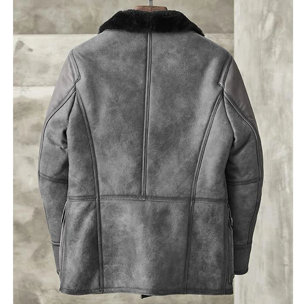 Men Bomber Jacket B3 Shearling Jacket Men Genuine Leather Coat Metallic Gray Color