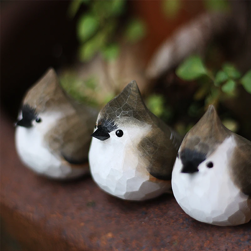 Cluster Tit Crested Tits chubby bird wood carving creative ornaments Handmade woodcarving crafts