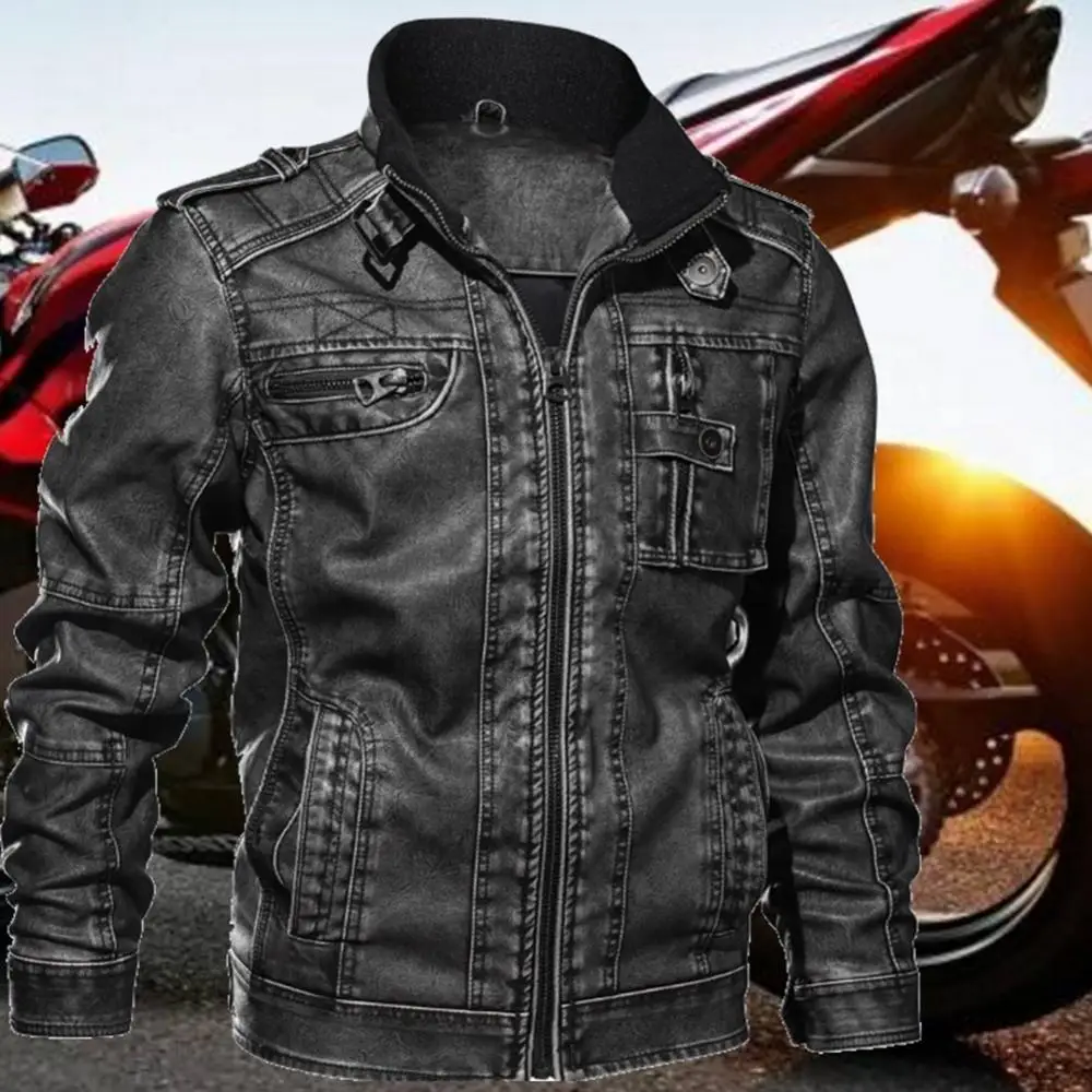 Chaqueta de motorista de piel sintética con cuello levantado para hombre, chaqueta de motorista informal con solapa y cremallera Diagonal, moda de