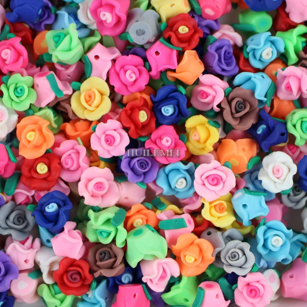 50pcs/lot Wholesale 13mm Mixed Polymer Clay Rose Flower Loose Spacer Beads For Craft DIY Jewelry Making Accessories