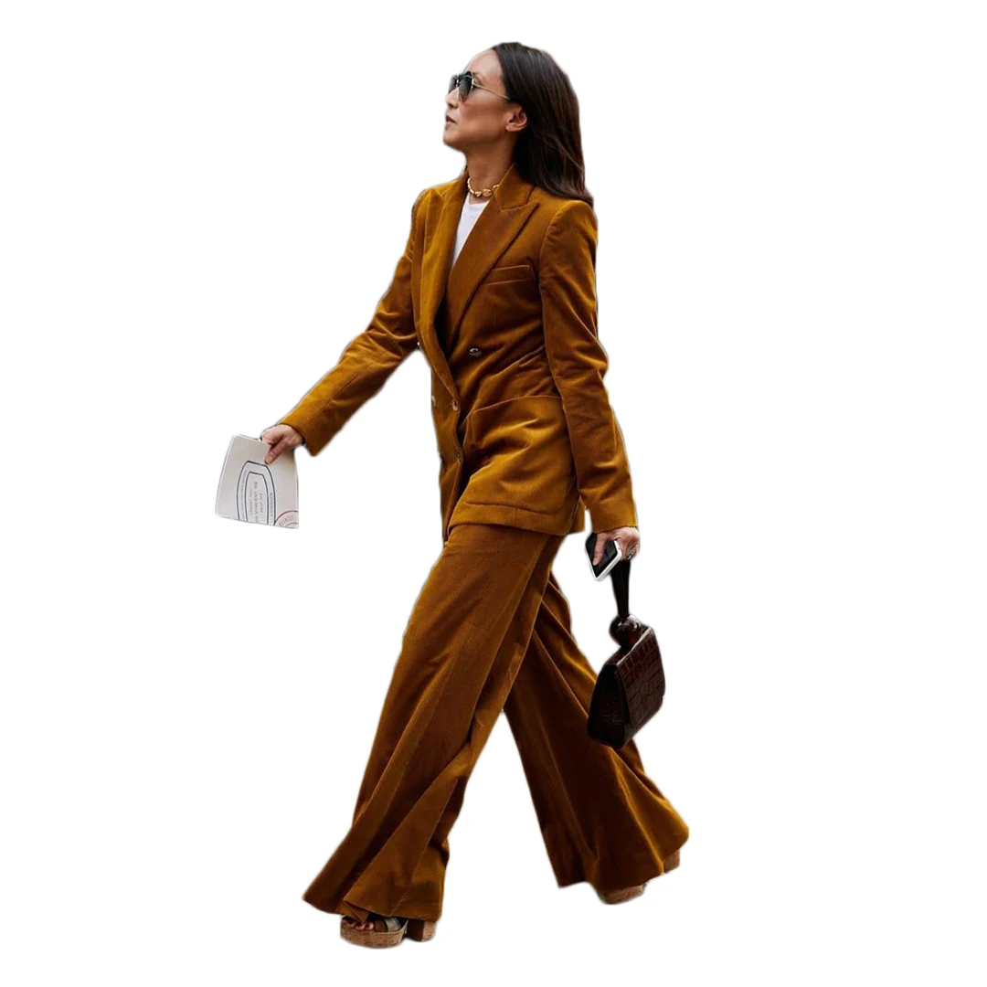 Vintage Corduroy Women Suits Fashion Elegant Custom Made Blazer Wide Leg Pants Streetwear Casual Jacket 2 Pieces Set