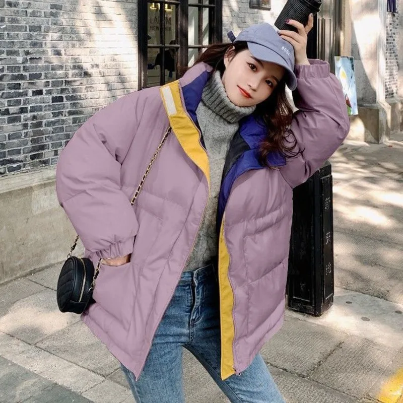 Winter Jacket Women Cotton Padded Bread Coat Fake Two Stand Collar Thickened Loose Black Warm Streetwear Fashion Bubble Coat