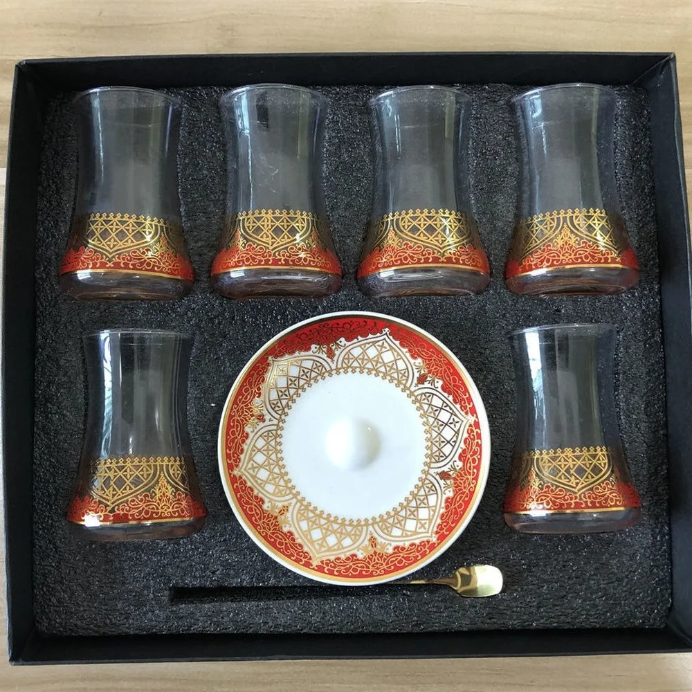 6 Sets Turkish Tea Glasses Cups Set Saucers with Spoon Coffee Cup Romantic Exotic Glass Tea Cup Kitchen Decoration Gift Box