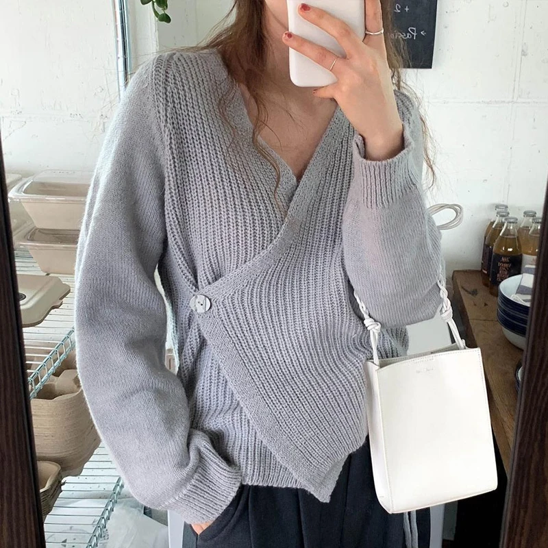 Korean V-neck Irregular Thick Warm Sweater Women Autumn Knitted Cardigan Women Sweater Tie Wrap Button Slim Top Pull Femme 17918