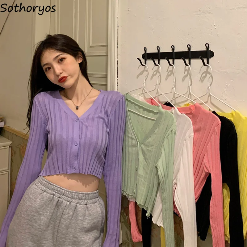 

Women Cardigans Solid Crop Tops V-neck Retro Sweet Fashion Single Breasted Cool Slim Casual All-match Streetwear Gentle Elegant