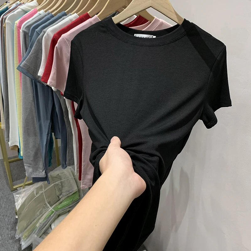 2022 New 100% Cotton T Shirt Women Summer Slim Solid Basic Tees Casual Tshirt Korean O Neck Black White Gray Short Sleeve Tops