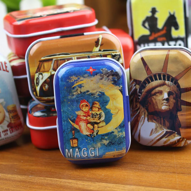 1PCs Portable American Style Mini Travel Tin Tinplate Vintage Metal Tins Storage Box for Chocolate Candy Packing Wedding Gift