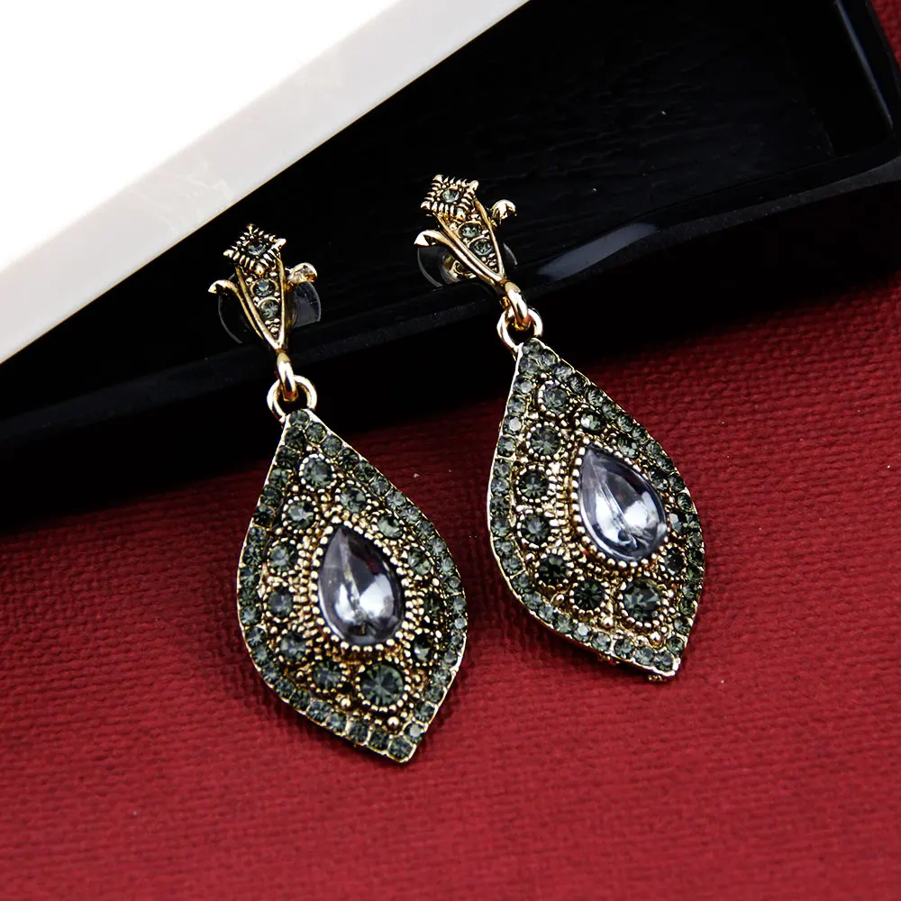 Sunspicems Turkish Gray Crystal Drop Earrings For Women Antique Gold Color Bohemia Ethnic Wedding Jewelry Party Bijoux 2020