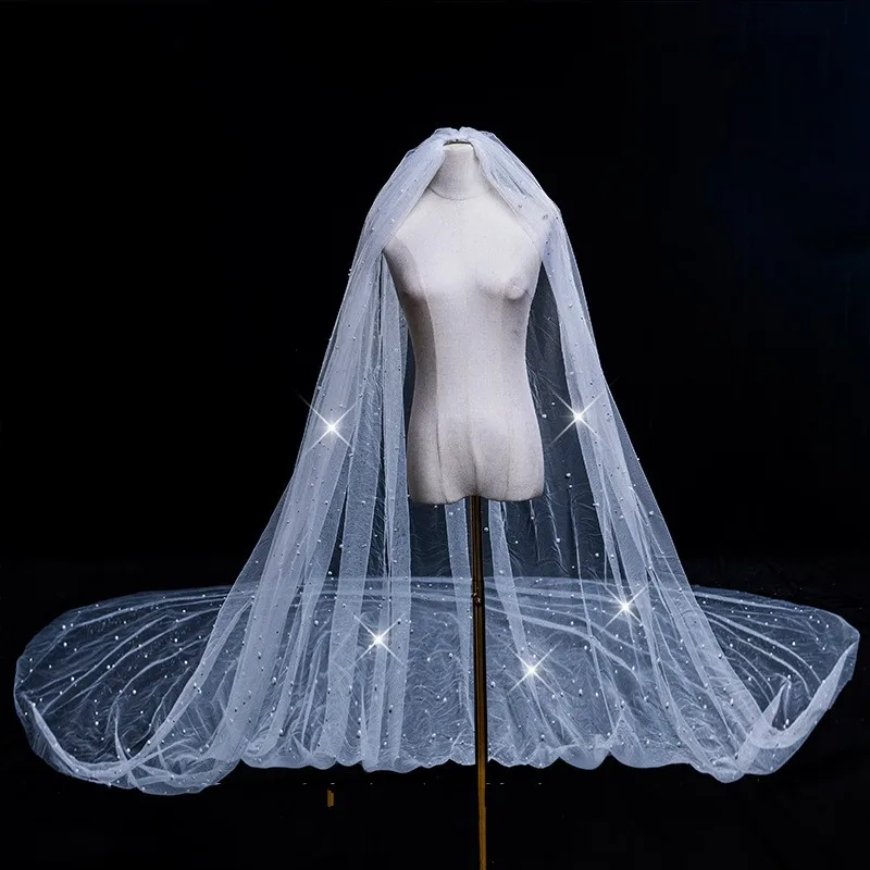 High Quality Pearls Wedding Veil or bride One Layer Cathedral Bridal Veils Sexy Wedding accessories Velos de novia