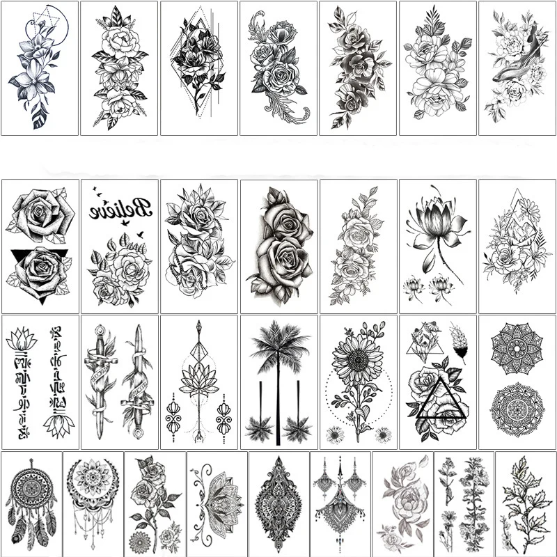 30PCS/Lot Sexy Fake Sketchs Flowers Tattoo for Woman Hands Arm Body Waterproof Temporary Tattoos  tatouage temporaire femme