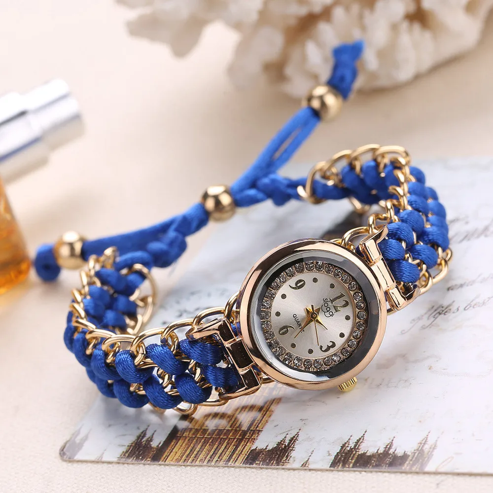 1pcs Woman Rhinestone Bracelet Watch Handmade Knitting Rope Chain Winding Analog Quartz Movement Elastic Fashion Wrist Watch #5G